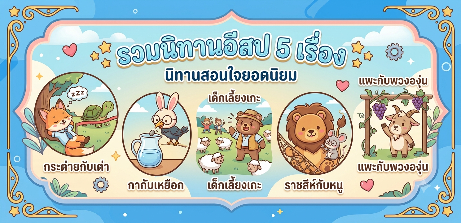 นิทานอีสปจำนวน 5 เรื่อง กระต่ายกับเต่า กากับเหยือก เด็กเลี้ยงเกะ ราชสีห์กับหนู แพะกับพวงองุ่น 